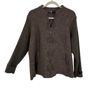 Carole Little Boiled Wool Jacket size XL Brown Full Zip Ribbed Sleeves
